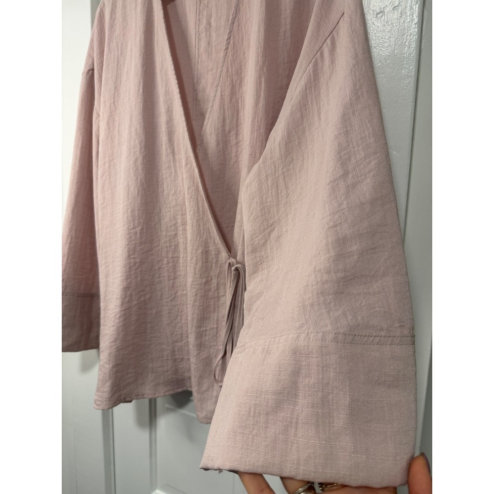 Zara Women Blush Pink Linen Blend Wrap Top Long Sleeve Kimono Style NWOT Medium - Picture 6 of 14
